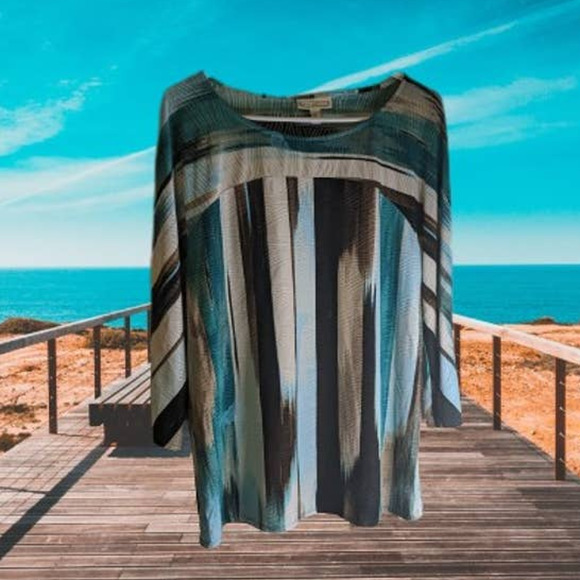 Dana Buchman Lg 3/4 sleeve poly blend stretch blue brown top fall/winter - Picture 1 of 1